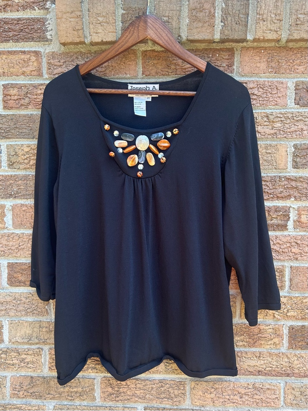 Vtg Joseph A Black Tunic Top with Amber and Gray Bead Embellishment size 2X